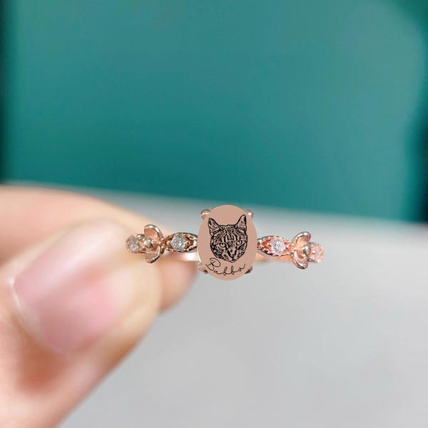 Anillo conmemorativo personalizado para gatos, anillo de recuerdo para mascotas, anillo con retrato de mascota, joyería personalizada para mascotas, pérdida de mascota