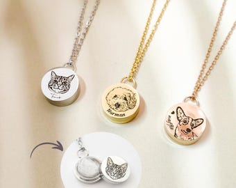 May include: Three personalized pet portrait necklaces. Each necklace features a round pendant with a detailed engraved image of a cat or dog. The pendants are attached to delicate chains in silver, gold, and rose gold tones.