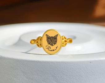 Vintage Pet Engraved Ring, Cat Portrait Ring, Pet Memorial Gift, Handmade Jewelry, Christmas Gift