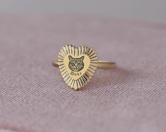 Custom Pet Portrait Ring, Cat Memorial Ring, Unique Heart Ring, Sterling Silver Jewelry, Pet Keepsake, Personalized Gift, Pet Loss