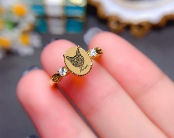 Custom Cat Engraved Ring, Sterling Silver Jewelry, Pet Memorial Gift, Birthstone Ring, Birthday Gift