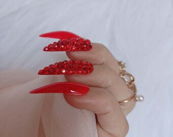 Long Red Nails Etsy