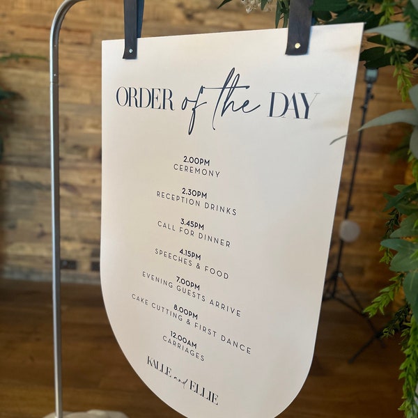 Order of the Day Printed Wedding Sign, Arched Modern Wedding Stationery, Wedding Sign, ANY BACKGROUND COLOUR - A1/A2 Sizes