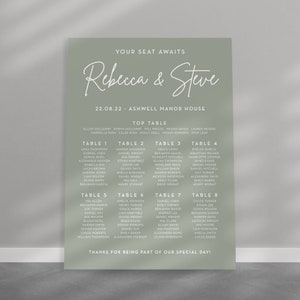 Printed Sage Green Wedding Seating Plan, Table Plan, Modern Seating Chart, Personalised Printed Board - A1, A2 OR Digital - COLOUR OPTIONS