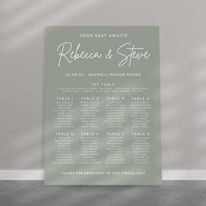 Sage Green Wedding Seating Chart – Printed or Digital Table Plan – Modern Personalised Wedding Sign – A1/A2 Sizes
