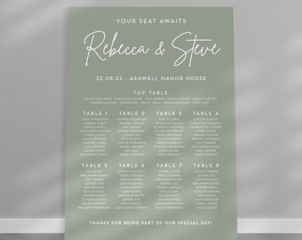 Printed Sage Green Wedding Seating Plan, Table Plan, Modern Seating Chart, Personalised Printed Board - A1, A2 OR Digital - COLOUR OPTIONS