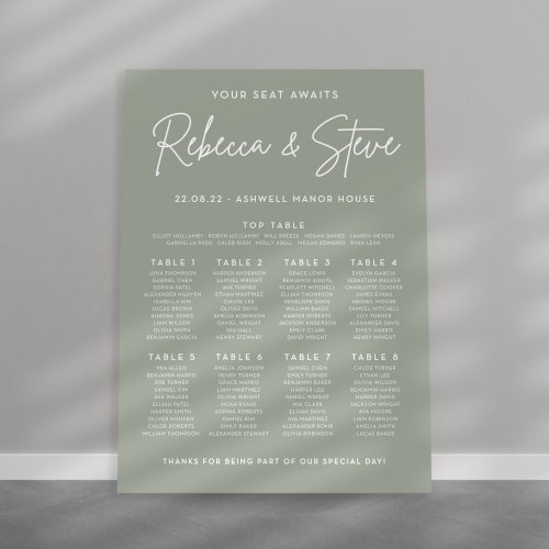Plan de table de mariage vert sauge - Plan de table imprimé ou numérique - Plaque de mariage personnalisée moderne - Formats A1/A2
