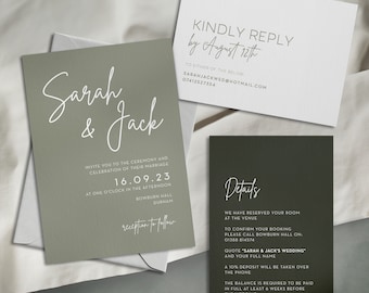 May include: A green wedding invitation with white text. The invitation reads "Sarah & Jack" and includes the date "16.09.23" and the location "Bowburn Hall, Durham". A separate white card with gray text reads "Kindly Reply by August 12th" and includes contact information. A third card with a dark green background and white text reads "Details" and includes information about reserving a room at the venue.