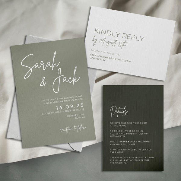 3 PC Sage Green Wedding Invitation Set with Envelopes, Personalised Invitations, Rustic Wedding Invitation, Luxury Sage Invitation #01