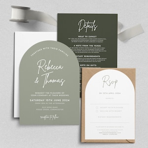 Juego de 3 invitaciones de boda en verde salvia con sobres, invitaciones personalizadas, invitación moderna arqueada, invitación de lujo en verde salvia n.° 02