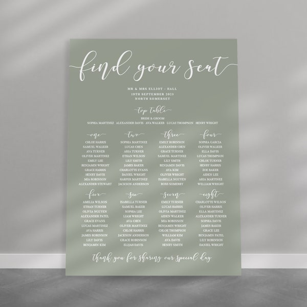 Printed Sage Green Wedding Seating Plan, Table Plan, Modern Seating Chart, Personalised Printed Board - A1, A2 OR Digital - COLOUR OPTIONS