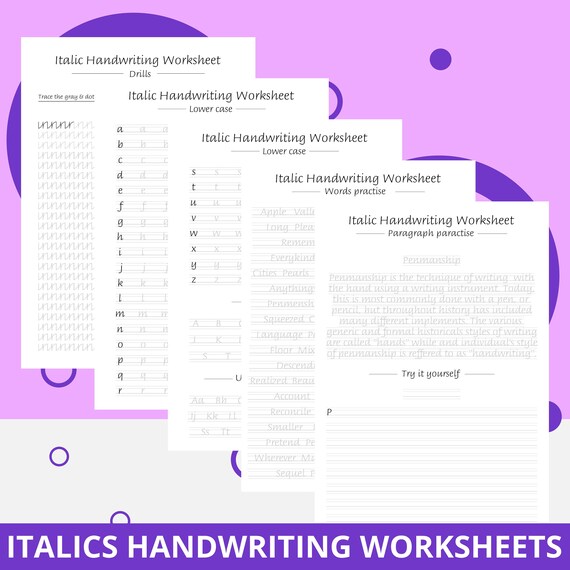 Italics Handwriting Worksheets Printable PDF Files US Etsy