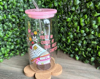 16oz Pink Colorful Positive Book Glass Tumbler with Acrylic Lid & Glass Straw | Iced Coffee Cup | Glass Cup | Trendy Can Cup | Positive