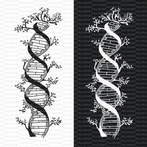 May include: A black and white illustration of a DNA double helix with a tree growing up and around it. The tree has leaves and branches. The DNA helix is made up of bricks.