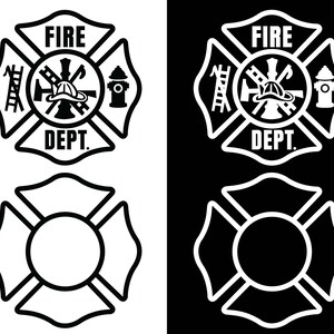 May include: A graphic design featuring two variations of a Maltese cross emblem. The top emblems display a fire department logo with a central helmet, ladder, and hydrant, labeled FIRE DEPT. The bottom emblems are blank outlines of the same cross shape.