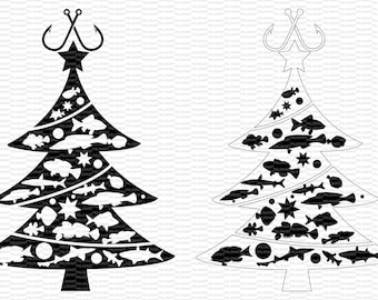 Può includere: Silhouette in bianco e nero di un albero di Natale decorato con pesci e ami da pesca. L'albero è decorato con stelle e ornamenti.