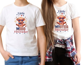 Little Miss Firecracker PNG, 4th of July Sublimation Design,Highland Cow Patriotic Shirt, Toddler Girl USA, Kids Independence Day
