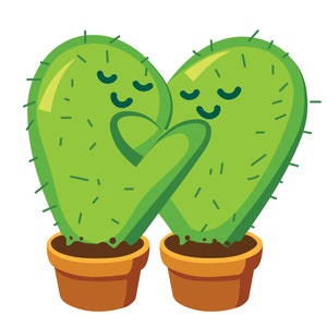May include: Two green cactus plants in brown pots, shaped like hearts, with smiling faces and closed eyes, hugging each other.
