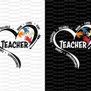 Puede incluir: Un diseño gráfico en blanco y negro de un corazón con la palabra "TEACHER" en su interior. El corazón está rodeado de las palabras "caring", "dedicated", "reliable", "warm", "loyal", "kind" y "compassionate". El corazón también presenta cinco huellas de manos de colores.