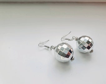 Cool Discoball Silver Shiney Hook Earrings | Disco DancingMirror Ball Studio 54 earrings quirky different weird cute unique gifts