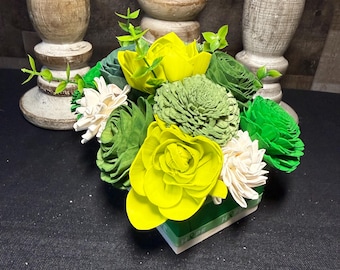 Green & Yellow Wood Flower Centerpiece | Hope Awareness Floral Arrangement | Handmade Sola Wood Flowers | Green Ribbon Decor | Inspirational
