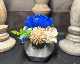 Blue & Ivory Wood Flower Arrangement in Marble Gray Vase | Handmade Sola Wood Floral Decor | Rustic Farmhouse Centerpiece