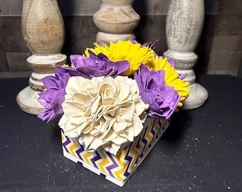 Purple and Yellow Flower Box, Wood Flower Arrangement, Prom Flowers, LSU Colors Decor, Graduation Gift, Keepsake Floral Box, Custom Color s
