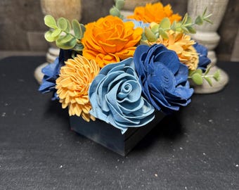 Handmade Blue & Orange Wood Flower Box – Rustic Home Accent