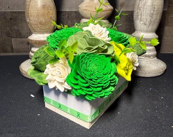 Green Wood Flower Box Arrangement | Awareness Ribbon Floral Gift | Handmade Sola Wood Flowers | Lasting Flower Centerpiece | Custom Color Gi