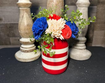 Red White Blue Wood Flower Arrangement | Patriotic Decor | 4th of July Centerpiece | Rustic Mason Jar Flowers | Forever Flowers Gift | USA