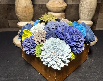 Blue & Green Wood Flower Arrangement | Handmade Sola Wood Flower Box | Coastal Floral Decor | Long Lasting Flowers | Unique Gift Idea