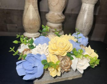 Rustic Blue & Yellow Floral Arrangement | Handmade Cottage Style Flower Box | Farmhouse Decor | Spring Centerpiece