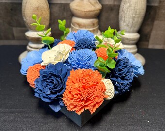 Blue & Orange Wooden Flower Arrangement in Modern Black Box | Handmade Sola Wood Flowers | Long Lasting Floral Gift | Home Decor Centerpiece