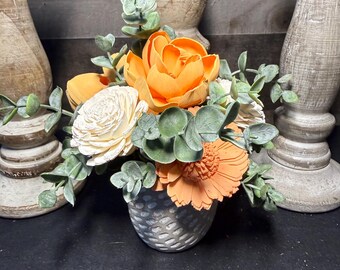 Handmade Wood Flower Arrangement in Textured Gray Vase | Orange & Ivory Floral Centerpiece | Rustic Farmhouse Decor | Forever Flowers