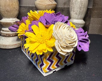 Purple and Gold Wood Flower Box Arrangement | LSU Colors Floral Decor | Handmade Wooden Flower Centerpiece | Lasting Flower Gift | Custom Co