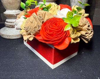Rustic Wood Flower Centerpiece Box | Red, Ivory & Neutral Sola Wood Floral Arrangement | Farmhouse Table Decor | Long Lasting Handmade Gift