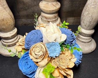 Blue Wood Flower Arrangement in Reusable Candle Jar | Handmade Sola Wood Floral Décor | Rustic Blue Centerpiece | Forever Flower Arrangement