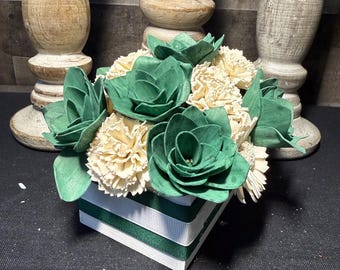 Emerald Green & Ivory Wood Flower Arrangement | Sola Flower Centerpiece | Succulent Box Decor | Neutral Rustic Home Decor | Long Lasting Gif