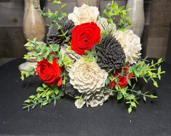 Red, Black & Ivory Wood Flower Bouquet in Glass Vase | Gothic Floral Arrangement | Handmade Sola Wood Centerpiece | Alternative Rose Bouquet