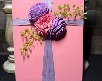 Rustic Valentine’s Day Canvas Cross Décor – Wood Flower Accent