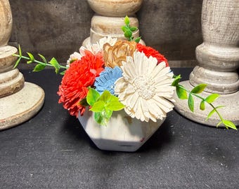 Patriotic Sola Wood Flower Arrangement – Handmade Floral Décor in Modern Vase – Red White & Blue Centerpiece – Long Lasting Gift