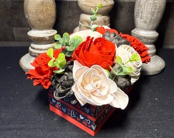 Handmade Sola Wood Flower Arrangement – Red, Black & Ivory Valentine's Decor