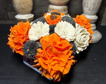 Cincinnati Bengals Inspired Wood Flower Arrangement | Orange Black White Floral Box | Football Fan Gift | Sports Decor | Keepsake Flowers