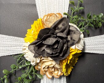 Modern Farmhouse Cross Wall Decor | Wood Flower Cross | Christian Home Decor | Rustic Wall Art | Faith-Based Gift | Black & Neutral Decor
