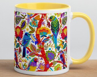 Parrot Mug, Tropical bird gift idea, Retro style, Hippy stuff, Coffee Tea mug, Free Shipping, Bird lovers cup, House warming gift, Colorful.