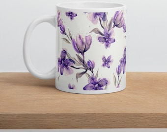 Purple Flower Mug, Floral mug, Spring mug, Gift for wife, Girl friend gift idea, Women's coffee mug, Botanical, Free Shipping, Tea cup.