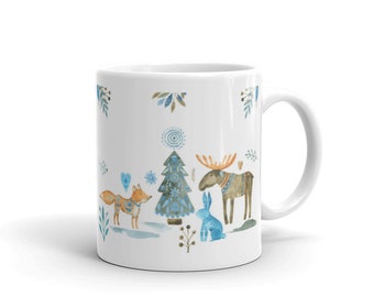 Christmas Tree Mug, Holiday cup, Fox, Bunny, Moose, Christmas coffee cup, Free Shipping, Holiday gift, House warming, Stocking stuffer,