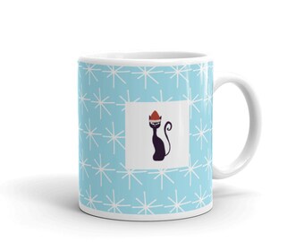 Atomic Cat Christmas Mug, Snowflake cup, Stocking stuffer, Blizzard blue, Grumpy cat, Holiday Gift, Free Shipping, Coffee tea. Santa hat.