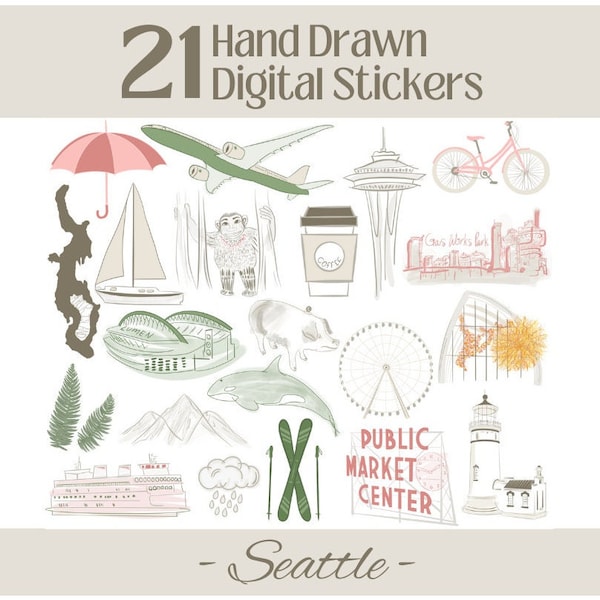 Premium Seattle Digital Stickers | Seattle Clipart | Planner Journal Stickers | Social Media Stickers | PNG Stickers | Goodnotes Stickers