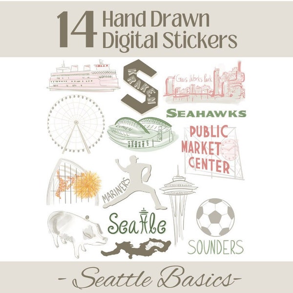 Seattle Sports Teams / Landmarks | Basic Seattle Stickers | Seattle Clipart | Planner, Journal, Social Media Stickers | PNG Stickers